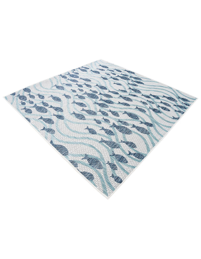 Blue 5' 3 x 5' 3 Outdoor Coastal Square Area Rug Weather Resistant for Patio, Deck, Terrace, Balcony, Porch 100% Polypropylene Coastal Decor Carpet for Sale at Rug Engine