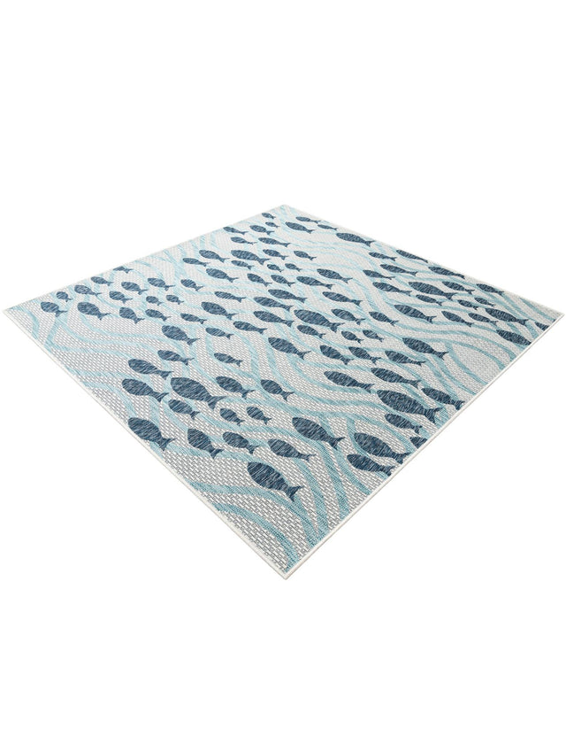 Blue 6' 1 x 6' 1 Outdoor Coastal Square Area Rug Weather Resistant for Patio, Deck, Terrace, Balcony, Porch 100% Polypropylene Coastal Decor Carpet for Sale at Rug Engine