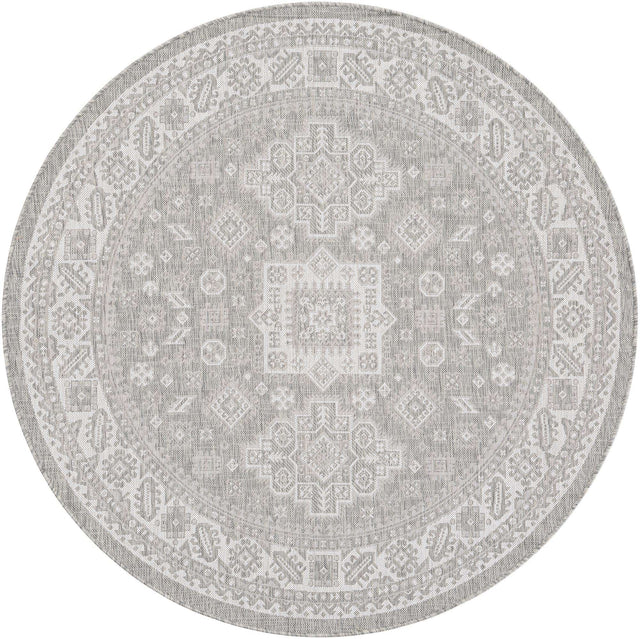 Light Gray 6' 1 x 6' 1 Outdoor Aztec Round Area Rug Weather Resistant for Patio, Deck, Terrace, Balcony, Porch 100% Polypropylene Traditional Carpet Mat for Sale at Rug Engine