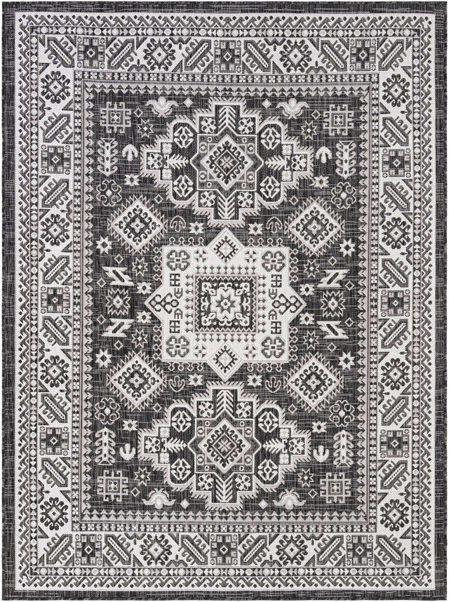 Charcoal Gray 5' 3 x 7' 1 Outdoor Aztec Rectangle Area Rug Weather Resistant for Patio, Deck, Terrace, Balcony, Porch 100% Polypropylene Traditional Carpet Mat for Sale at Rug Engine