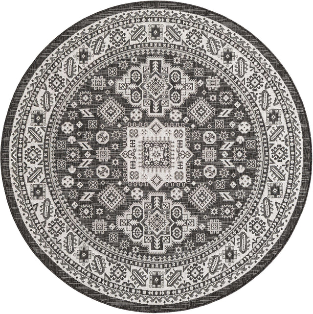 Charcoal Gray 6' 1 x 6' 1 Outdoor Aztec Round Area Rug Weather Resistant for Patio, Deck, Terrace, Balcony, Porch 100% Polypropylene Traditional Carpet Mat for Sale at Rug Engine