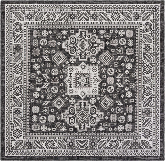 Charcoal Gray 6' 1 x 6' 1 Outdoor Aztec Square Area Rug Weather Resistant for Patio, Deck, Terrace, Balcony, Porch 100% Polypropylene Traditional Carpet Mat for Sale at Rug Engine
