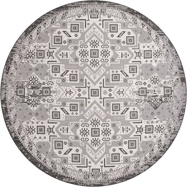 Charcoal Gray 12' x 12' Outdoor Aztec Round Area Rug Weather Resistant for Patio, Deck, Terrace, Balcony, Porch 100% Polypropylene Traditional Carpet Mat for Sale at Rug Engine