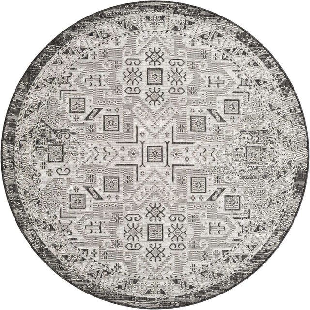 Charcoal Gray 6' 1 x 6' 1 Outdoor Aztec Round Area Rug Weather Resistant for Patio, Deck, Terrace, Balcony, Porch 100% Polypropylene Traditional Carpet Mat for Sale at Rug Engine
