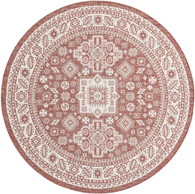 Rust Red 6' 1 x 6' 1 Outdoor Aztec Round Area Rug Weather Resistant for Patio, Deck, Terrace, Balcony, Porch 100% Polypropylene Traditional Carpet Mat for Sale at Rug Engine