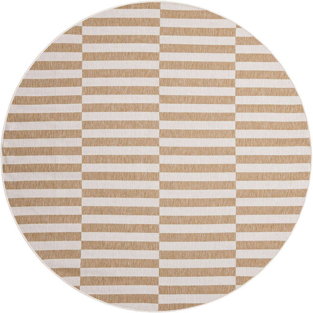 Taupe 7' 10 x 7' 10 Outdoor Striped Round Area Rug Weather Resistant for Patio, Deck, Terrace, Balcony, Porch Geometric Pattern Waterproof Carpet for Sale at Rug Engine