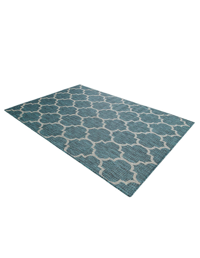 Teal 5' 3 x 7' 1 Outdoor Trellis Rectangle Area Rug Weather Resistant for Patio, Deck, Terrace, Balcony, Porch Geometric Design Water Safe Outside Carpet for Sale at Rug Engine