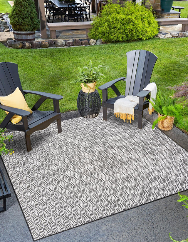 Charcoal 5' 3 x 5' 3 Outdoor Trellis Square Area Rug Weather Resistant for Patio, Deck, Terrace, Balcony, Porch Geometric Design Water Safe Outside Carpet for Sale at Rug Engine