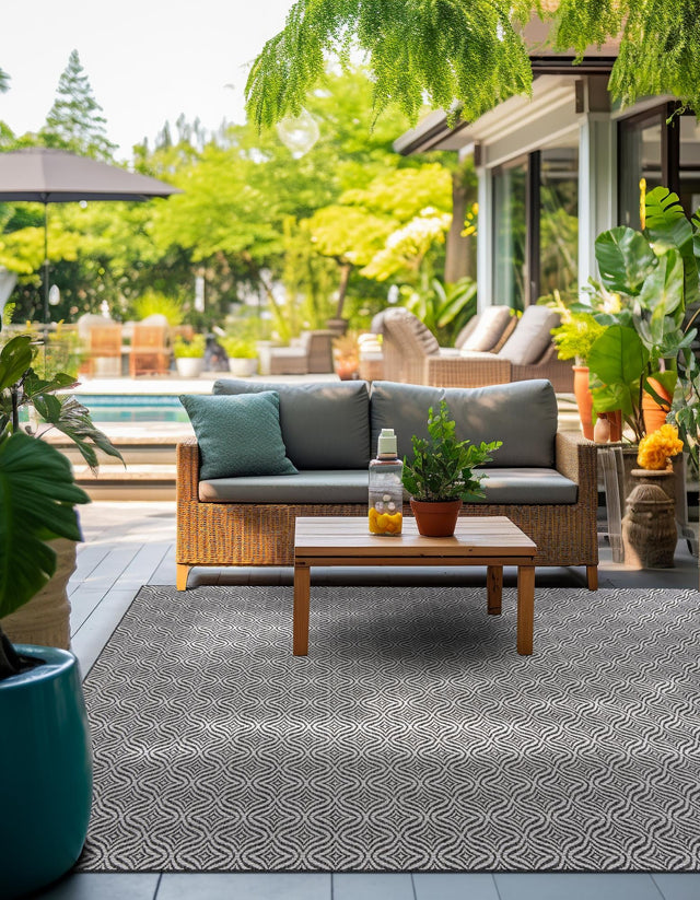 Charcoal 5' 3 x 5' 3 Outdoor Trellis Square Area Rug Weather Resistant for Patio, Deck, Terrace, Balcony, Porch Geometric Design Water Safe Outside Carpet for Sale at Rug Engine