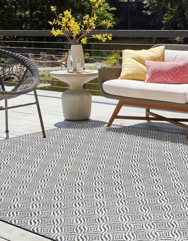 Charcoal 5' 3 x 5' 3 Outdoor Trellis Square Area Rug Weather Resistant for Patio, Deck, Terrace, Balcony, Porch Geometric Design Water Safe Outside Carpet for Sale at Rug Engine