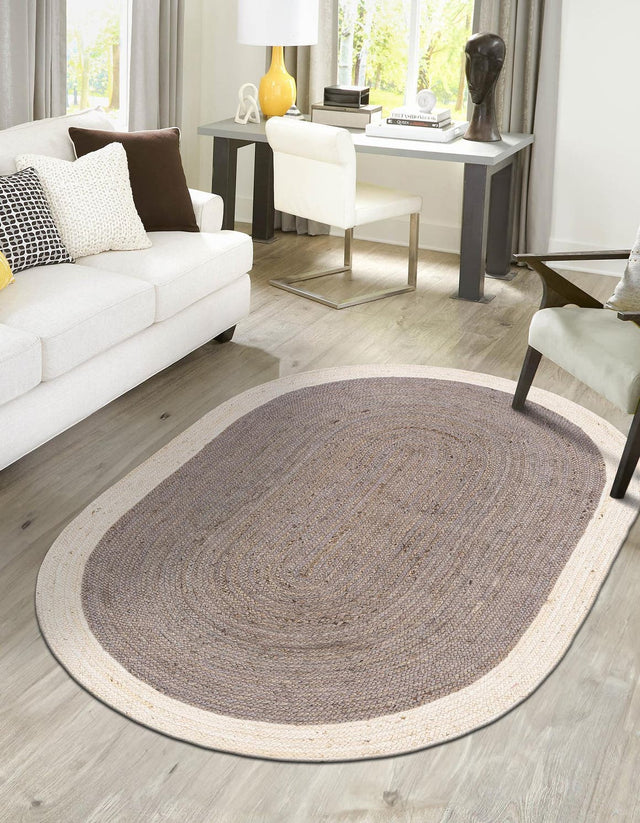 Gray and White 4' 1 x 6' 1 Braided Jute Oval Area Rug 100% Jute Hand Braided Natural Eco-Friendly Boho Style Carpet for Living Rooms Dining Office Space Dorms for Sale at Rug Engine