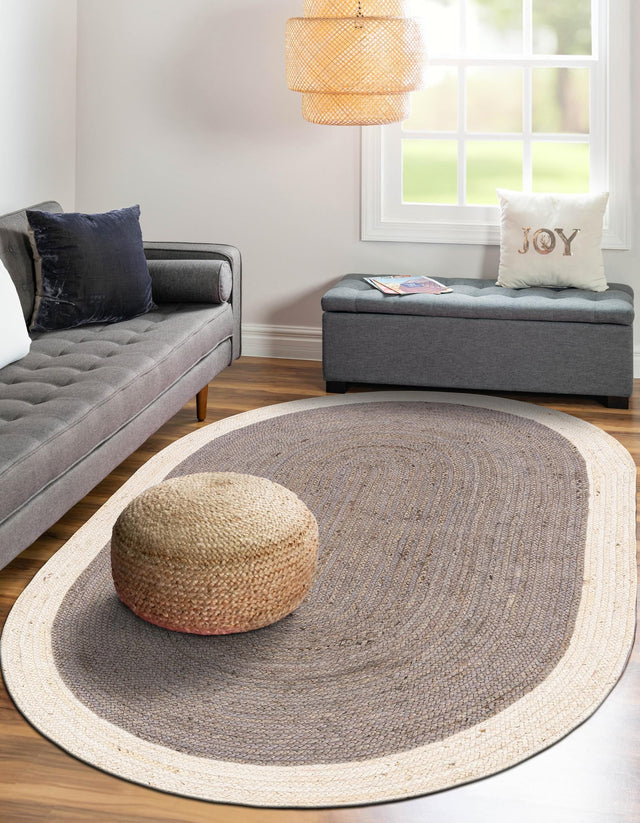 Gray and White 5' 1 x 8' Braided Jute Oval Area Rug 100% Jute Hand Braided Natural Eco-Friendly Boho Style Carpet for Living Rooms Dining Office Space Dorms for Sale at Rug Engine