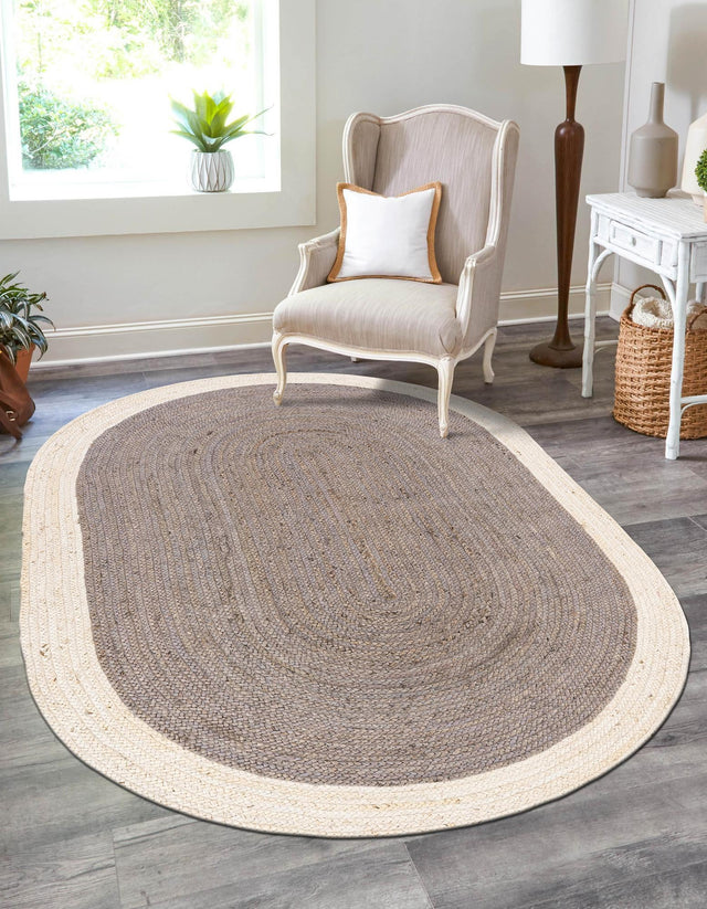 Gray and White 4' 1 x 6' 1 Braided Jute Oval Area Rug 100% Jute Hand Braided Natural Eco-Friendly Boho Style Carpet for Living Rooms Dining Office Space Dorms for Sale at Rug Engine