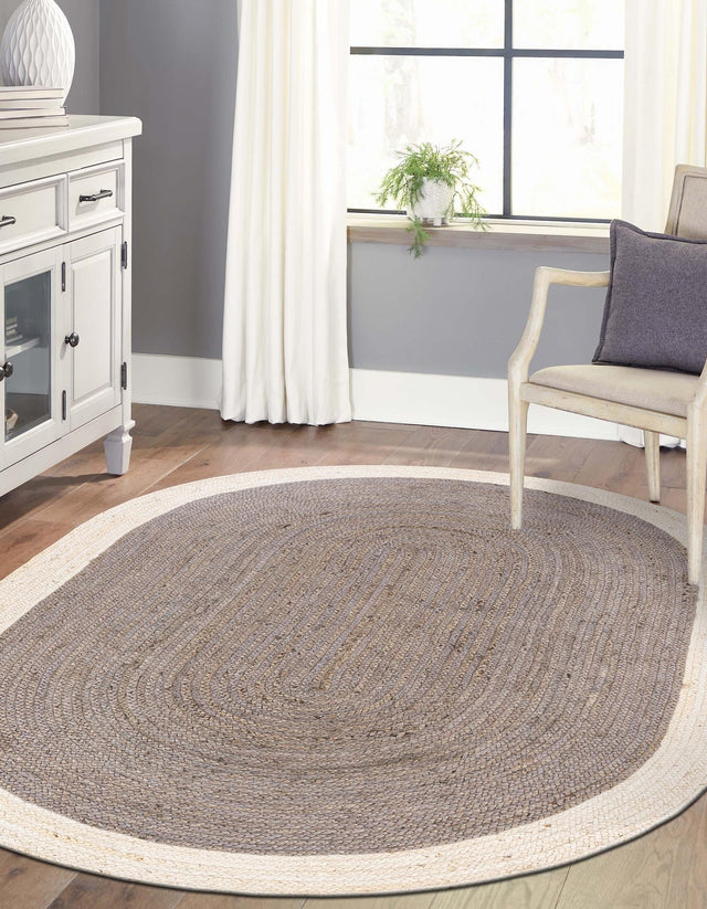 Gray and White 5' 1 x 8' Braided Jute Oval Area Rug 100% Jute Hand Braided Natural Eco-Friendly Boho Style Carpet for Living Rooms Dining Office Space Dorms for Sale at Rug Engine