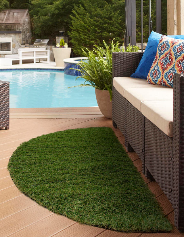 Green 2' 2 x 3' 7 Outdoor Grass Hearth Half-Round Semicircle Area Rug Thick Soft Touch Fluffy & Plush Shaggy Pile Weather Resistant for Patio, Deck, Terrace, Balcony, Porch Grass Carpet Mat for Sale at Rug Engine