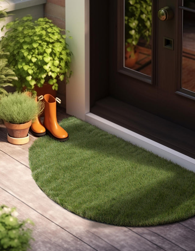Green 2' 2 x 3' 7 Outdoor Grass Hearth Half-Round Semicircle Area Rug Thick Soft Touch Fluffy & Plush Shaggy Pile Weather Resistant for Patio, Deck, Terrace, Balcony, Porch Grass Carpet Mat for Sale at Rug Engine
