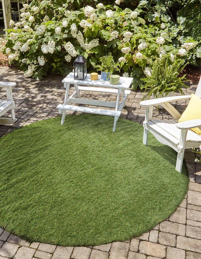Green 10' x 10' Outdoor Grass Round Area Rug Thick Soft Touch Fluffy & Plush Shaggy Pile Weather Resistant for Patio, Deck, Terrace, Balcony, Porch