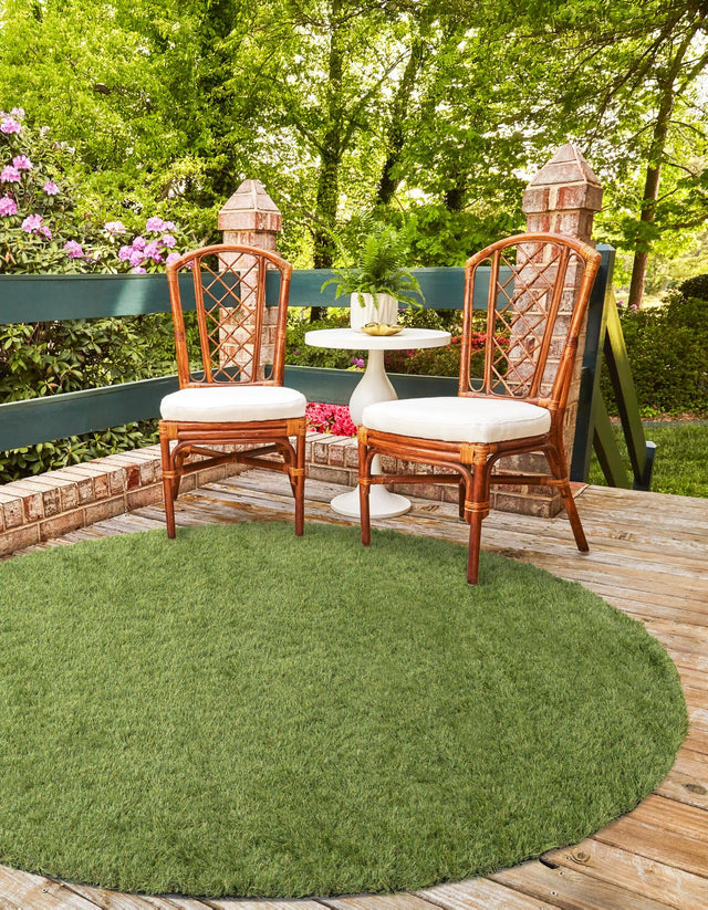 Green 5' 1 x 5' 1 Outdoor Grass Round Area Rug Thick Soft Touch Fluffy & Plush Shaggy Pile Weather Resistant for Patio, Deck, Terrace, Balcony, Porch