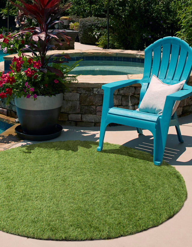 Green 10' x 10' Outdoor Grass Round Area Rug Thick Soft Touch Fluffy & Plush Shaggy Pile Weather Resistant for Patio, Deck, Terrace, Balcony, Porch