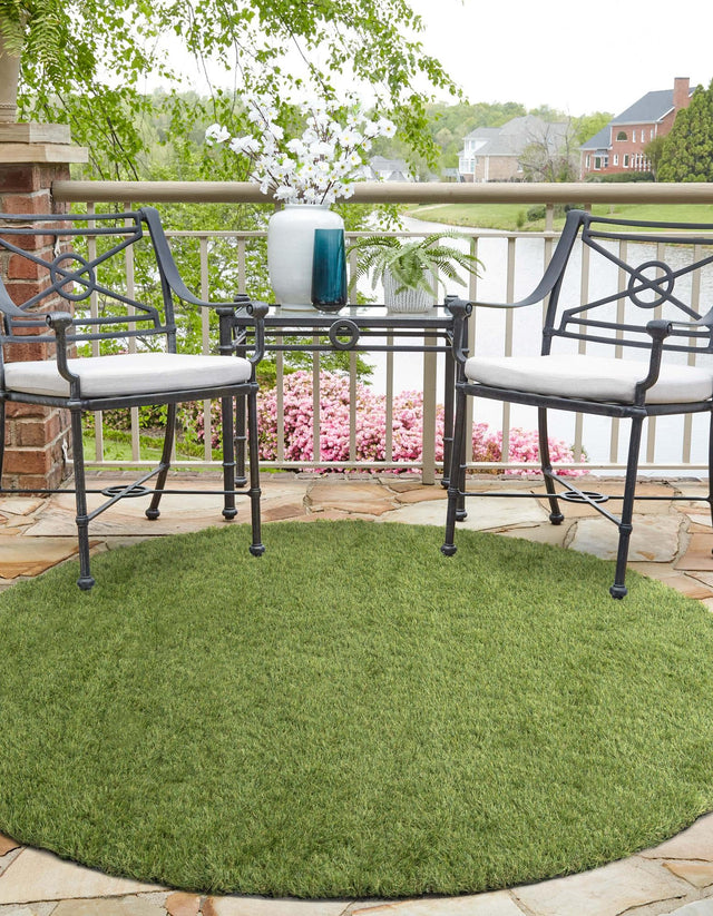 Green 10' x 10' Outdoor Grass Round Area Rug Thick Soft Touch Fluffy & Plush Shaggy Pile Weather Resistant for Patio, Deck, Terrace, Balcony, Porch
