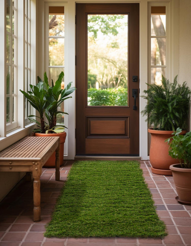 Green 2' 7 x 8' Outdoor Grass Runner Area Rug Thick Soft Touch Fluffy & Plush Shaggy Pile Weather Resistant for Patio, Deck, Terrace, Balcony, Porch