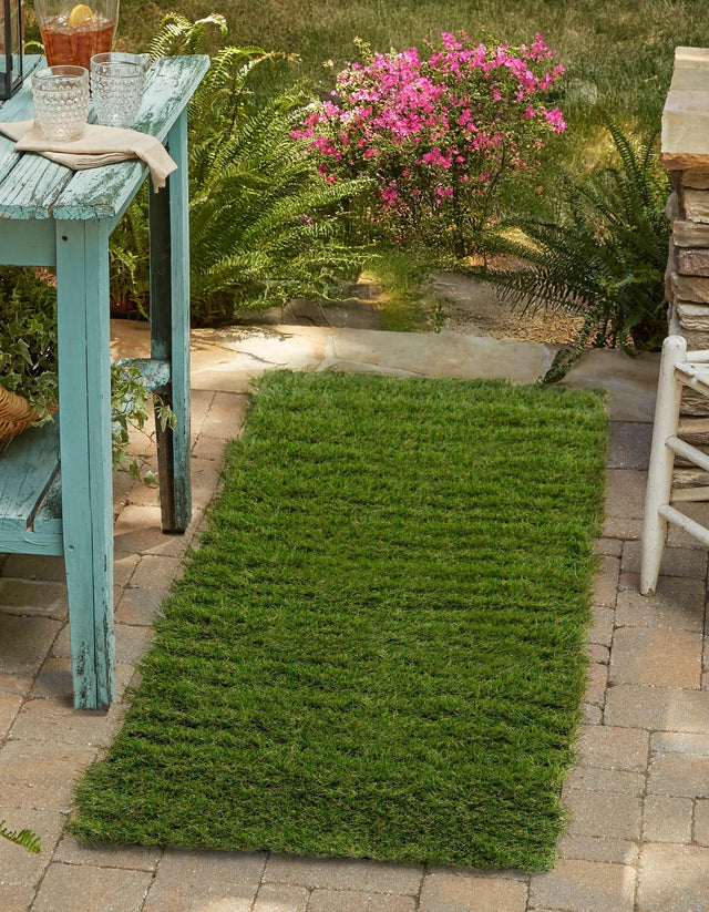 Green 2' 7 x 12' Outdoor Grass Runner Area Rug Thick Soft Touch Fluffy & Plush Shaggy Pile Weather Resistant for Patio, Deck, Terrace, Balcony, Porch Grass Carpet Mat for Sale at Rug Engine
