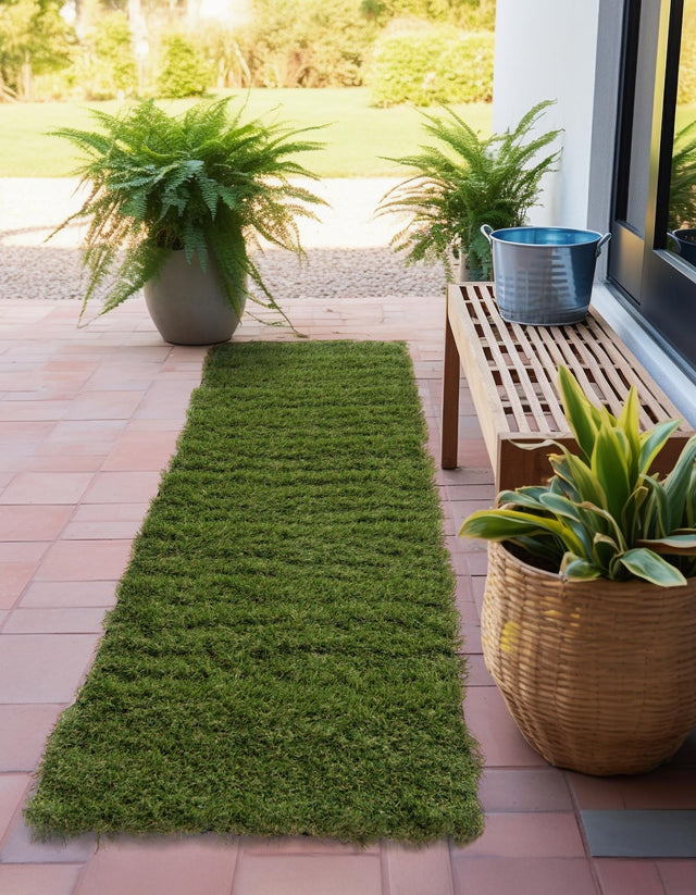Green 2' 7 x 12' Outdoor Grass Runner Area Rug Thick Soft Touch Fluffy & Plush Shaggy Pile Weather Resistant for Patio, Deck, Terrace, Balcony, Porch Grass Carpet Mat for Sale at Rug Engine