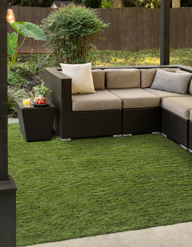 Green 10' x 10' Outdoor Grass Square Area Rug Thick Soft Touch Fluffy & Plush Shaggy Pile Weather Resistant for Patio, Deck, Terrace, Balcony, Porch