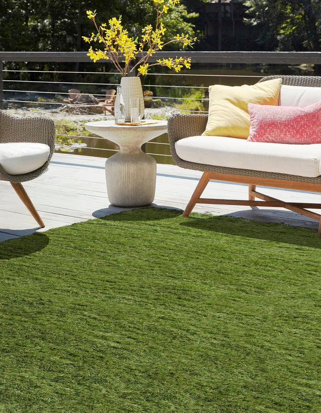 Green 10' x 10' Outdoor Grass Square Area Rug Thick Soft Touch Fluffy & Plush Shaggy Pile Weather Resistant for Patio, Deck, Terrace, Balcony, Porch