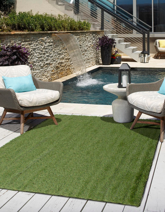 Green 10' x 10' Outdoor Grass Square Area Rug Thick Soft Touch Fluffy & Plush Shaggy Pile Weather Resistant for Patio, Deck, Terrace, Balcony, Porch