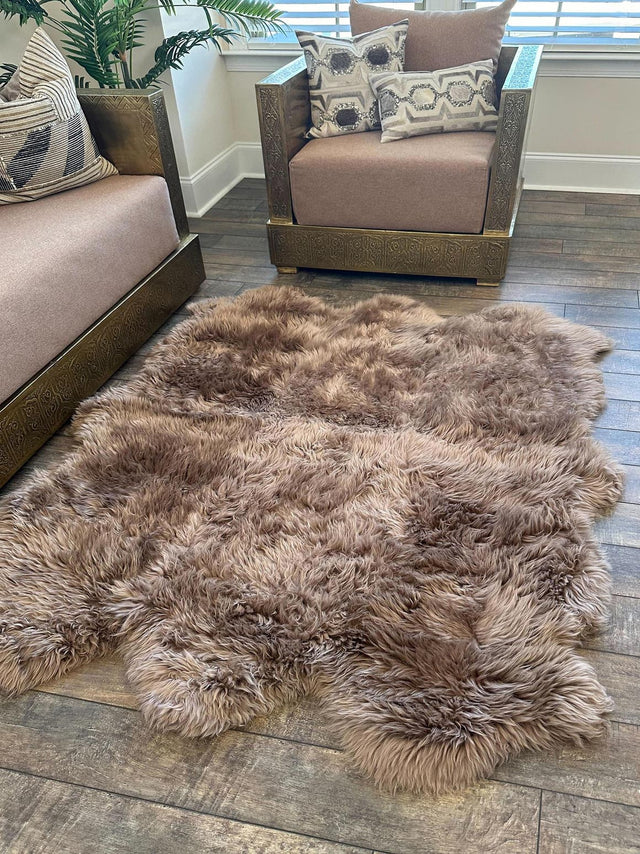 Beige 4' 9 x 6' Natural Sheepskin Freeform Area Rug 100% Genuine Luxury Soft Touch Shaggy Plush Pile Authentic Lambskin Carpet for Interior Design for Sale at Rug Engine