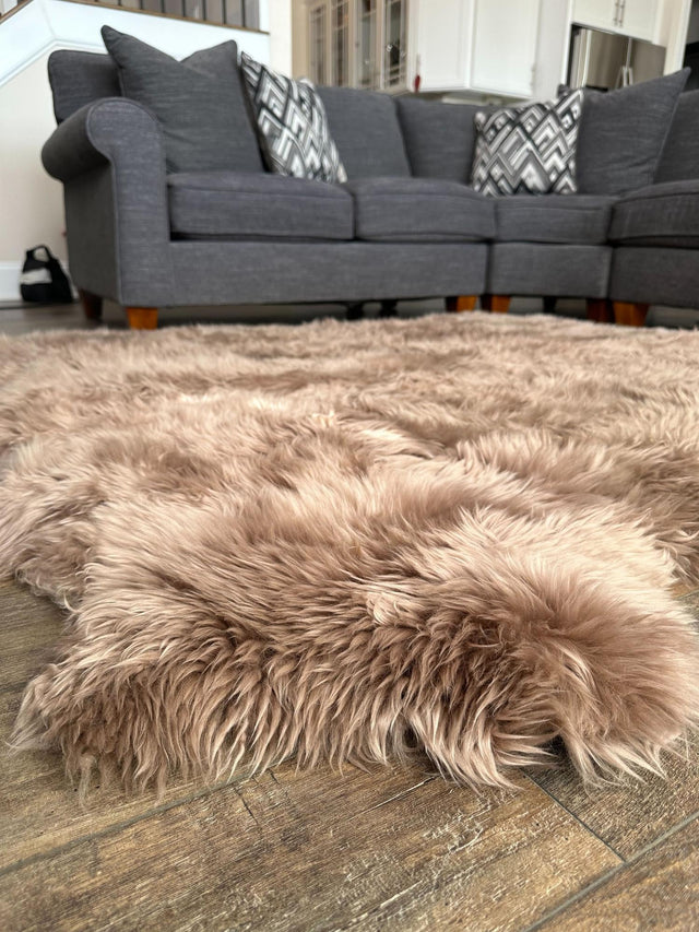 Beige 4' 9 x 6' Natural Sheepskin Freeform Area Rug 100% Genuine Luxury Soft Touch Shaggy Plush Pile Authentic Lambskin Carpet for Interior Design for Sale at Rug Engine