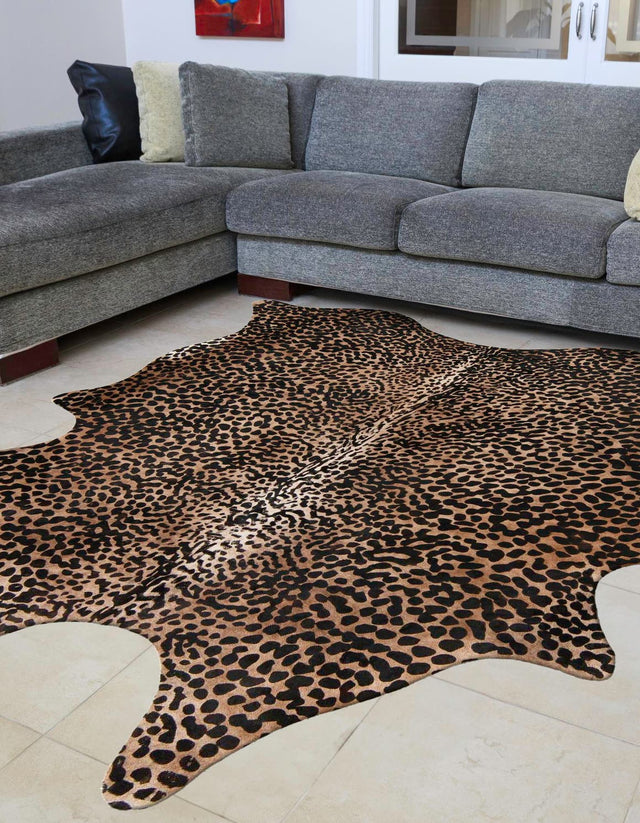 Authentic Luxury Brown and Black 5' 7 x 6' 3 Cowhide Leather Rectangle Area Rug Modern Interior Design 100% Real Natural Cowhide Carpet for Designer Home Decor for Sale at Rug Engine