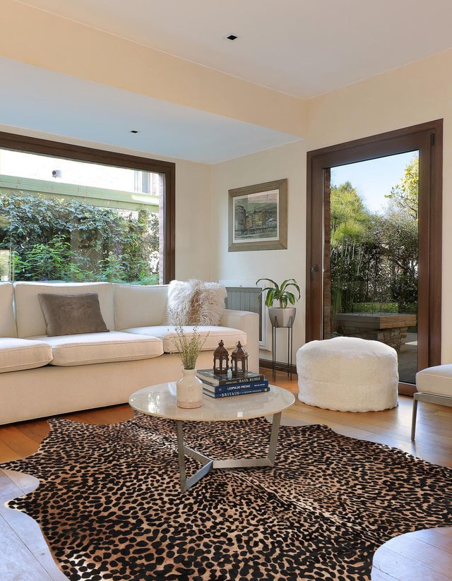 Authentic Luxury Brown and Black 5' 7 x 6' 3 Cowhide Leather Rectangle Area Rug Modern Interior Design 100% Real Natural Cowhide Carpet for Designer Home Decor for Sale at Rug Engine