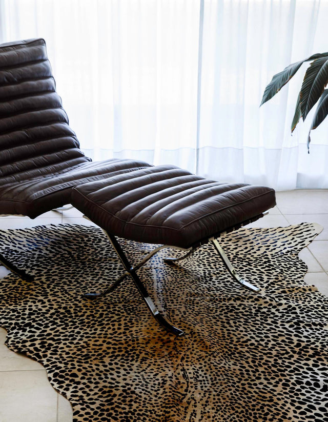 Authentic Luxury Brown and Black 5' 7 x 6' 3 Cowhide Leather Rectangle Area Rug Modern Interior Design 100% Real Natural Cowhide Carpet for Designer Home Decor for Sale at Rug Engine