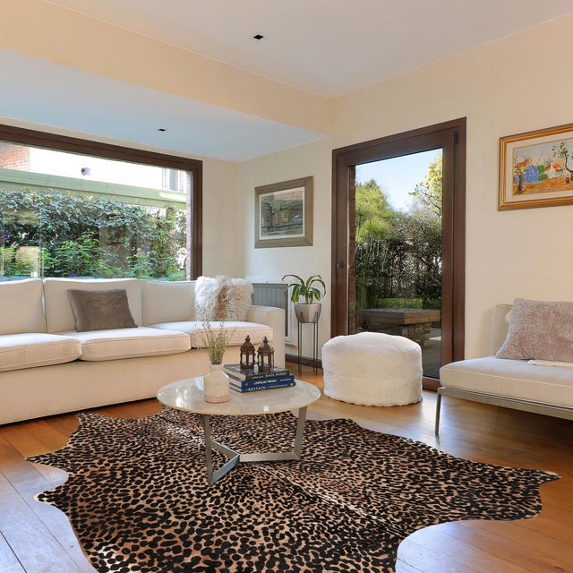 Authentic Luxury Brown and Black 5' 7 x 6' 3 Cowhide Leather Rectangle Area Rug Modern Interior Design 100% Real Natural Cowhide Carpet for Designer Home Decor for Sale at Rug Engine