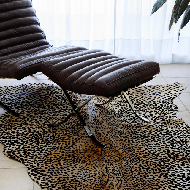 Authentic Luxury Brown and Black 5' 7 x 6' 3 Cowhide Leather Rectangle Area Rug Modern Interior Design 100% Real Natural Cowhide Carpet for Designer Home Decor for Sale at Rug Engine