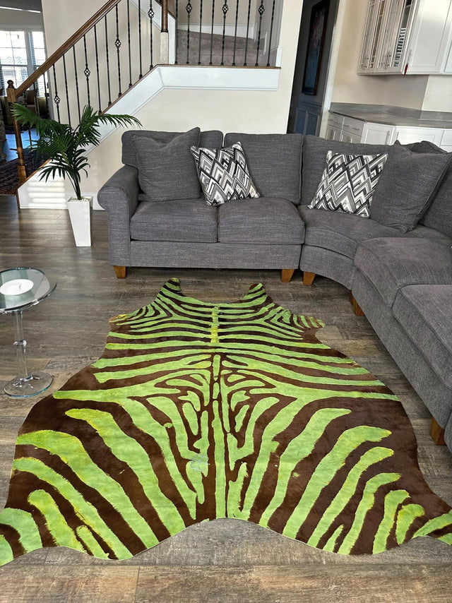 Authentic Luxury Green and Brown 5' 7 x 6' 3 Cowhide Leather Rectangle Area Rug Modern Interior Design 100% Real Natural Cowhide Carpet for Designer Home Decor for Sale at Rug Engine