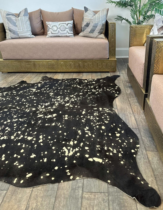 Authentic Luxury Black and Gold 5' 7 x 6' 3 Cowhide Leather Rectangle Area Rug Modern Interior Design 100% Real Natural Cowhide Carpet for Designer Home Decor for Sale at Rug Engine