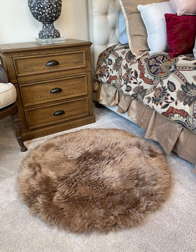 Beige 3' x 3' Sheepskin Round Area Rug 100% Genuine Luxury Soft Touch Shaggy Plush Pile