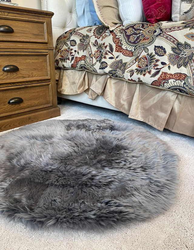 Gray 2' x 2' Sheepskin Round Area Rug 100% Genuine Luxury Soft Touch Shaggy Plush Pile
