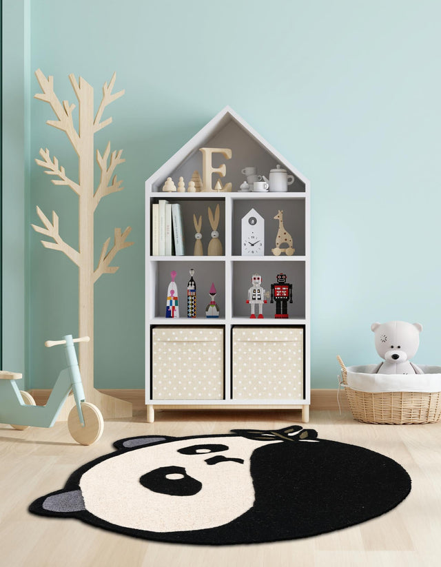 Black and White 4' 1 x 4' 1 Playtime Kids Wool Freeform Area Rug for Baby Nursery, Toddler Playroom, Bedrooms