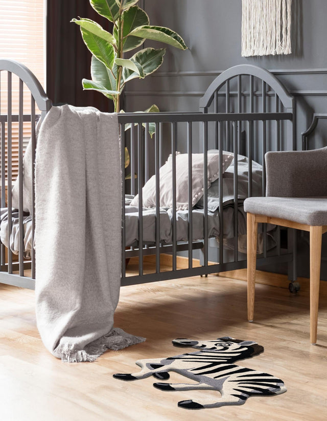 White and Black 2' 6 x 3' 1 Playtime Kids Wool Freeform Area Rug for Baby Nursery, Toddler Playroom, Bedrooms