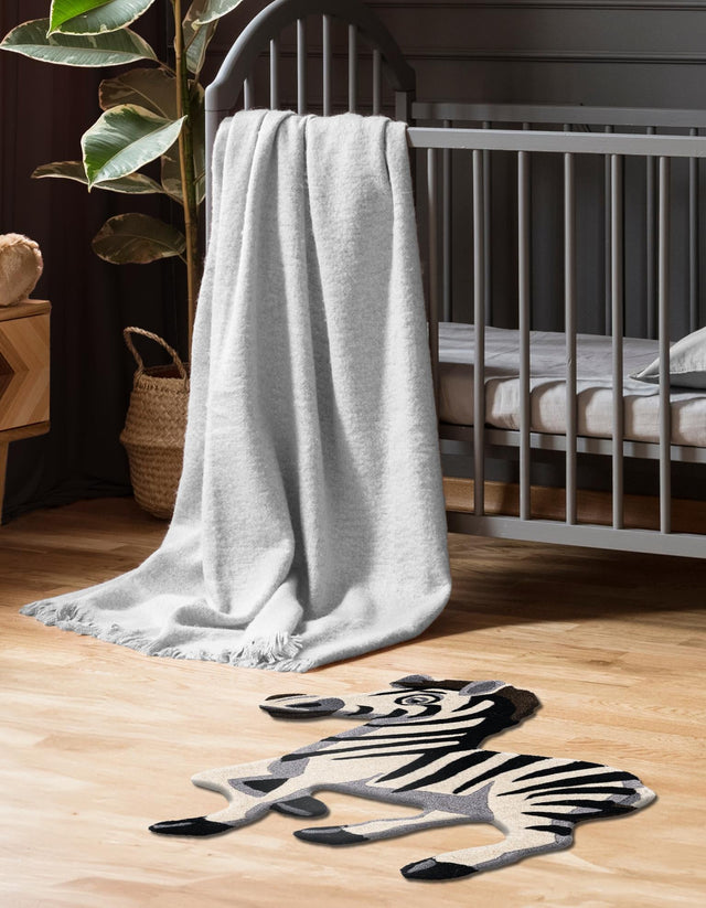 White and Black 2' 6 x 3' 1 Playtime Kids Wool Freeform Area Rug for Baby Nursery, Toddler Playroom, Bedrooms