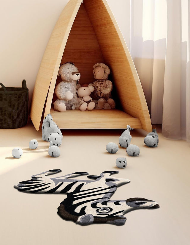 White and Black 2' 6 x 3' 1 Playtime Kids Wool Freeform Area Rug for Baby Nursery, Toddler Playroom, Bedrooms