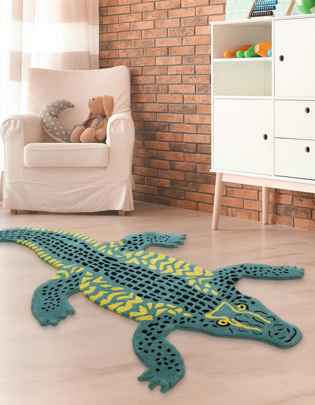 Green 3' 1 x 6' 1 Playtime Kids Wool Freeform Area Rug for Baby Nursery, Toddler Playroom, Bedrooms