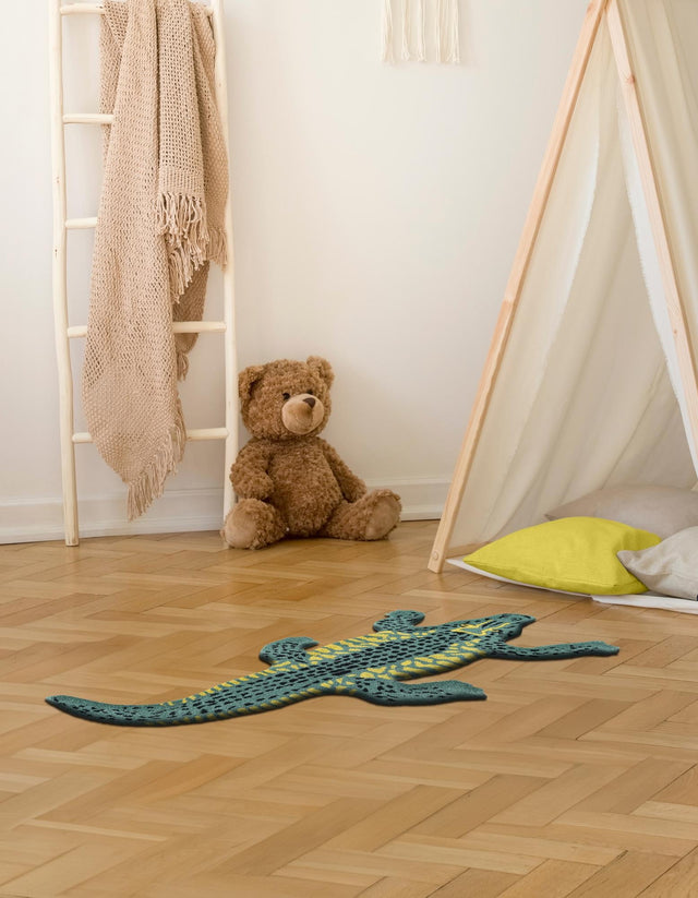 Green 3' 1 x 6' 1 Playtime Kids Wool Freeform Area Rug for Baby Nursery, Toddler Playroom, Bedrooms