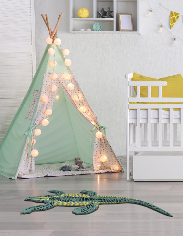 Green 1' 6 x 3' 1 Playtime Kids Wool Freeform Area Rug for Baby Nursery, Toddler Playroom, Bedrooms