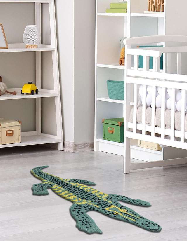 Green 1' 6 x 3' 1 Playtime Kids Wool Freeform Area Rug for Baby Nursery, Toddler Playroom, Bedrooms