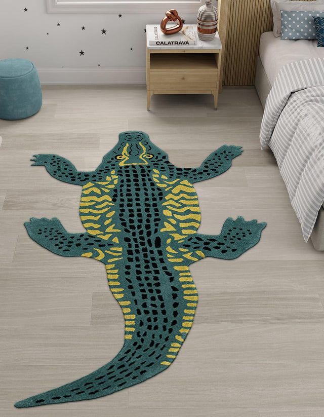 Green 4' 1 x 7' 1 Playtime Kids Wool Freeform Area Rug for Baby Nursery, Toddler Playroom, Bedrooms Hand Tufted High Quality Dense Wool Pile Natural Carpet for Sale at Rug Engine